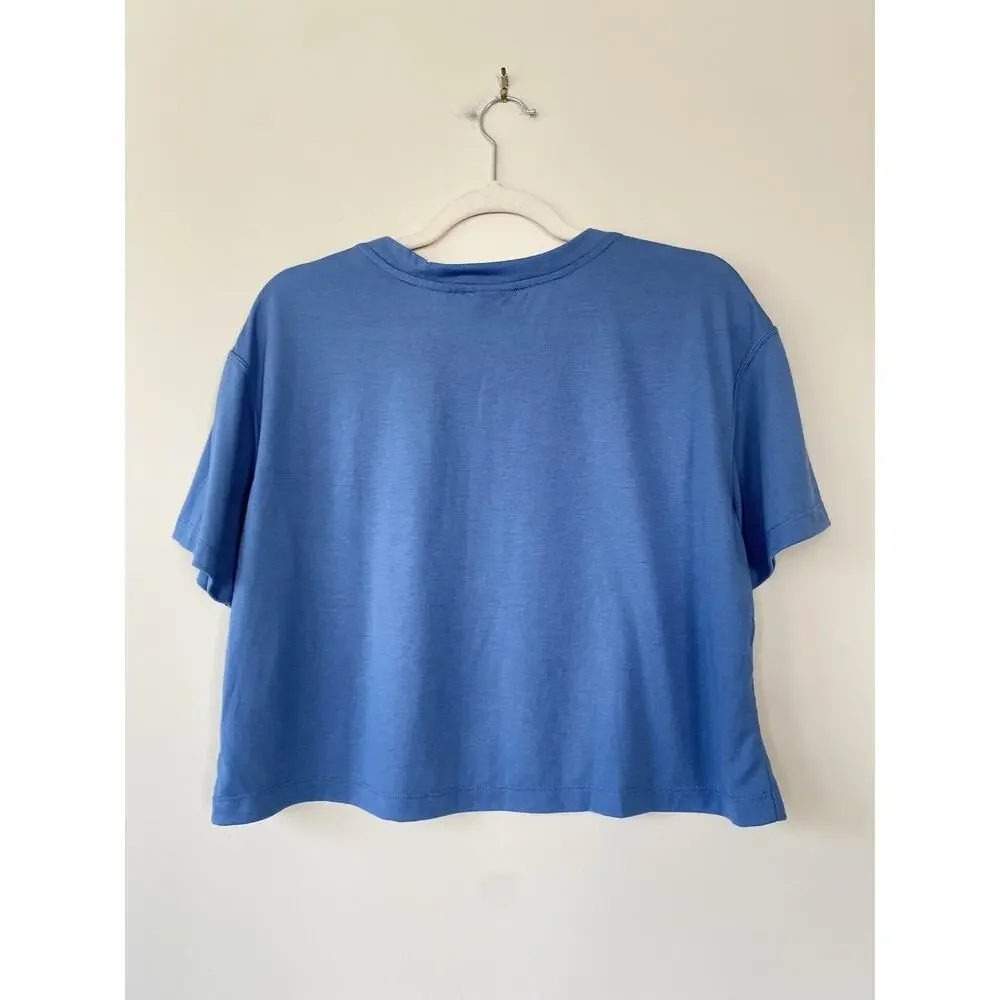 Nike Crop Logo Tee Top Blue White SZ L Activewear Workout Casual Modal Blend